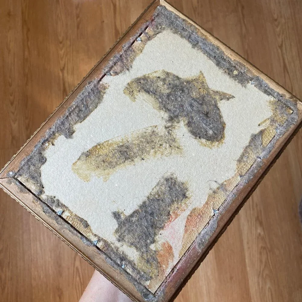 Rare antique wooden box with decorative lid, collectible painting storage box